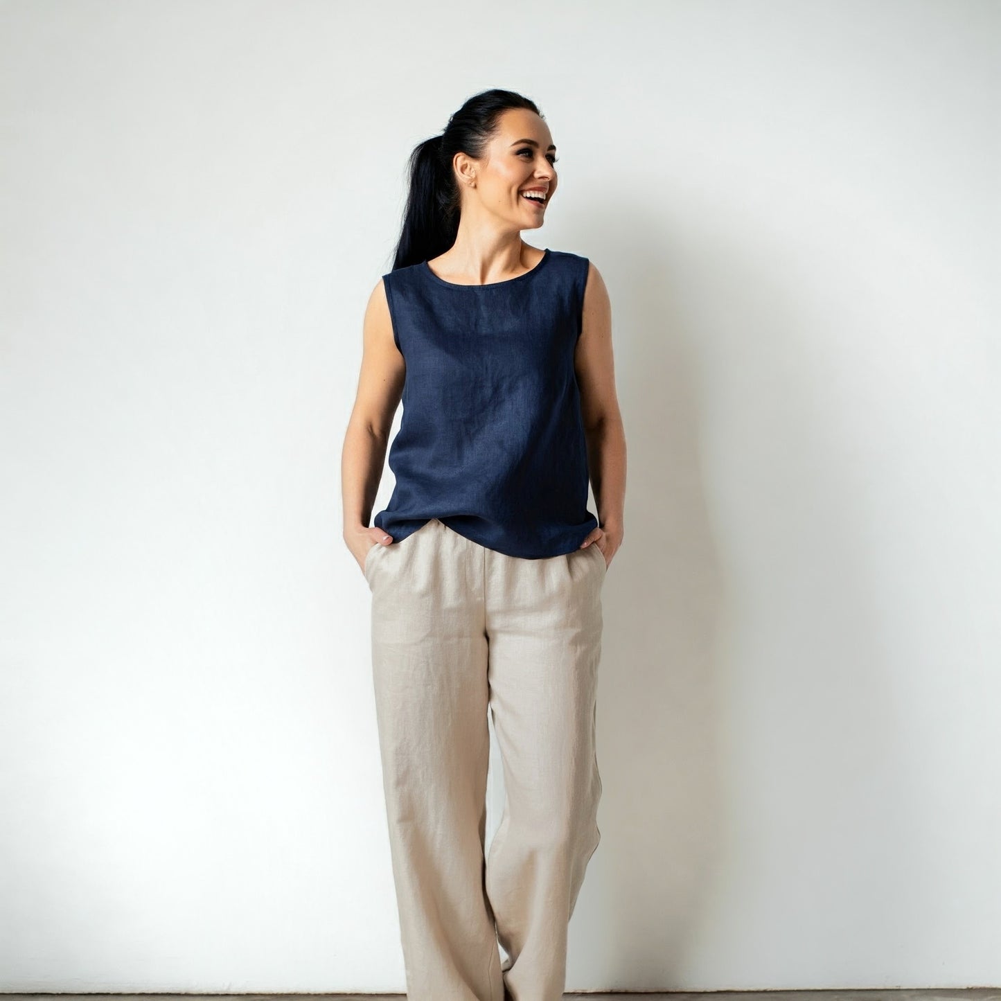 Behold Navy Linen Tank Top Cotton blend