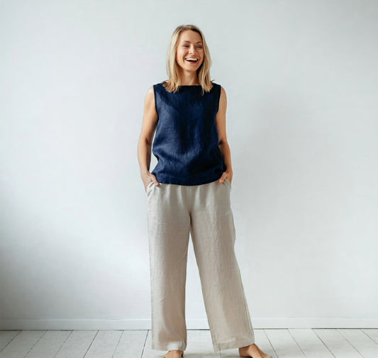 Behold Navy Linen Tank Top Cotton blend