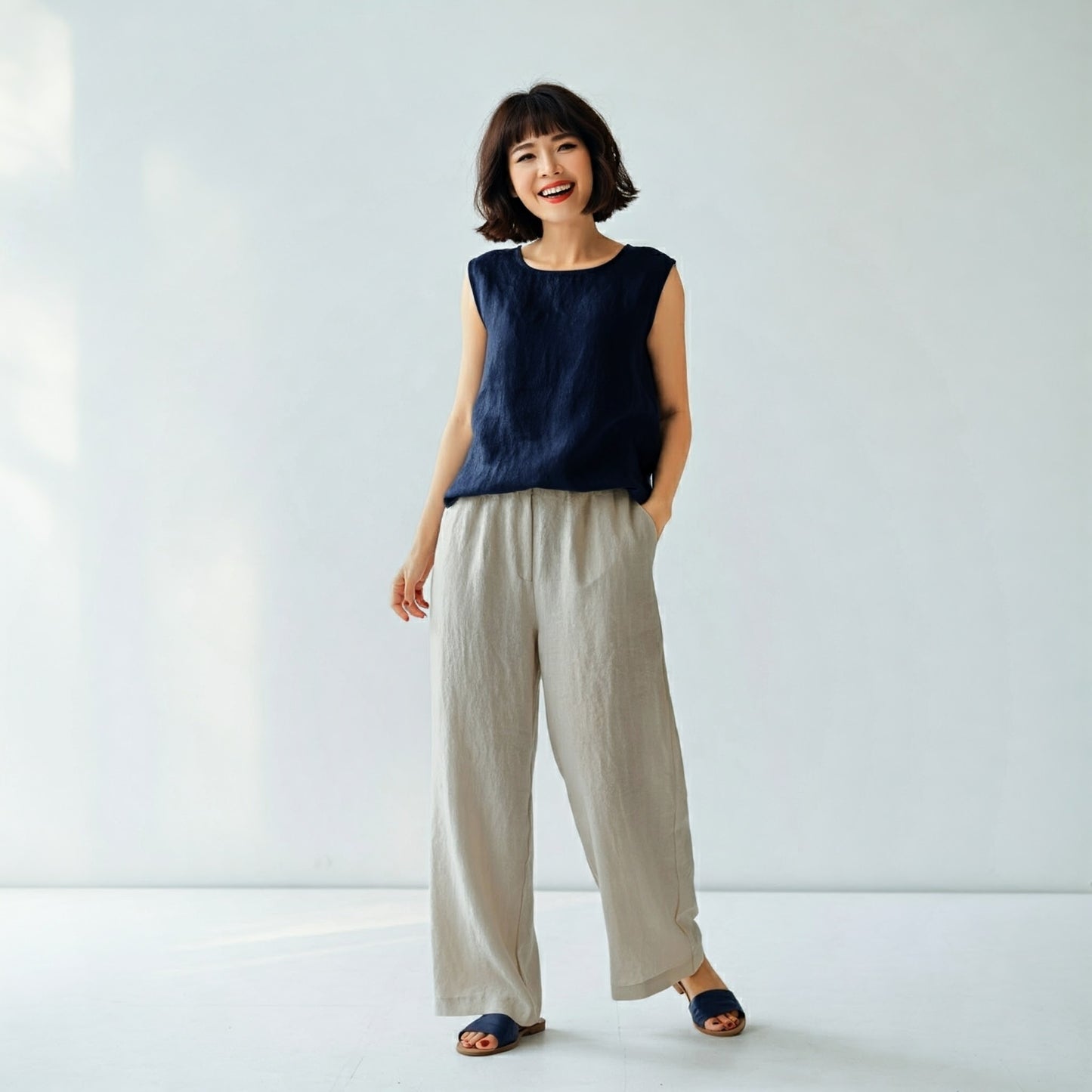 Behold Navy Linen Tank Top Cotton blend